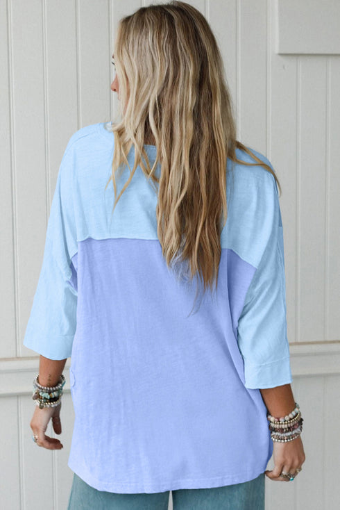 Mixed Daisy Applique Exposed Seam Oversized V Neck Top